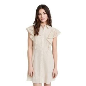 nwot THEORY Dress+Slip 0 Cream Eyelet Fit&Flare Flounce Short-Sl PearlBtn Collar